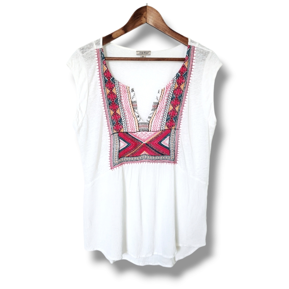 Lucky Brand Boho Western Style Embroidered Cap Sleeve Top | M
